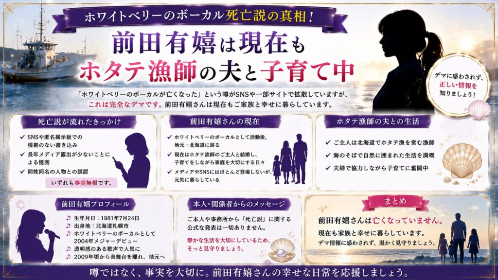 ホワイトベリーのボーカル死亡説の真相！前田有嬉は現在もホタテ漁師の夫と子育て中